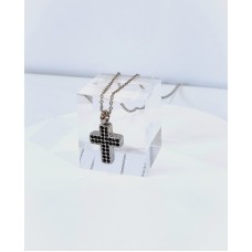 Ατσάλινο κολιέ με σταυρό με 2 σειρές από μαύρα ζιργκόν και ασημί περίγραμμα σε ασημί αλυσίδα STN13 